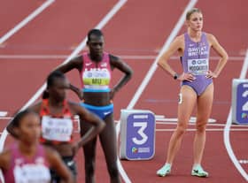 Keely Hodgkinson of Team Great Britain looks on prior to the start of the Women's 800m final on day ten of the World Athletics Championships