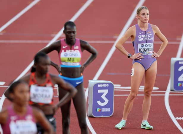 <p>Keely Hodgkinson of Team Great Britain looks on prior to the start of the Women's 800m final on day ten of the World Athletics Championships</p>