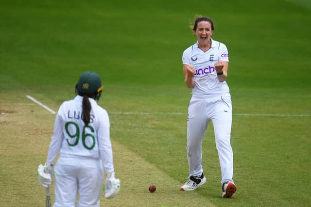 Kate Cross of England celebrates the wicket of Sune Luus of South Africa during Day Four of the First Test Match between England Women and South Africa Women