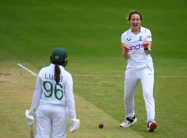 <p>Kate Cross of England celebrates the wicket of Sune Luus of South Africa during Day Four of the First Test Match between England Women and South Africa Women</p>