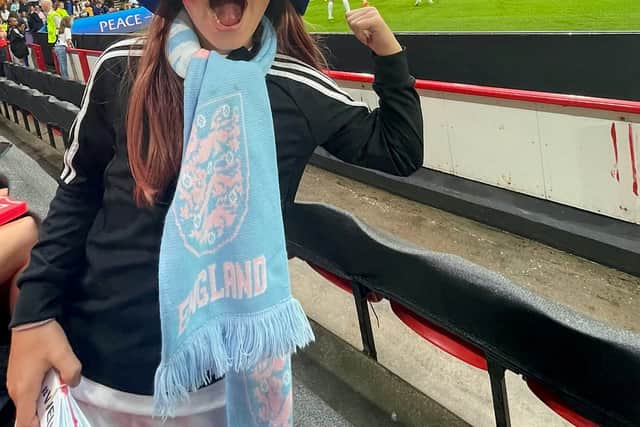 Tess Dolan in the stadium before the England v Sweden game Credit: swns
