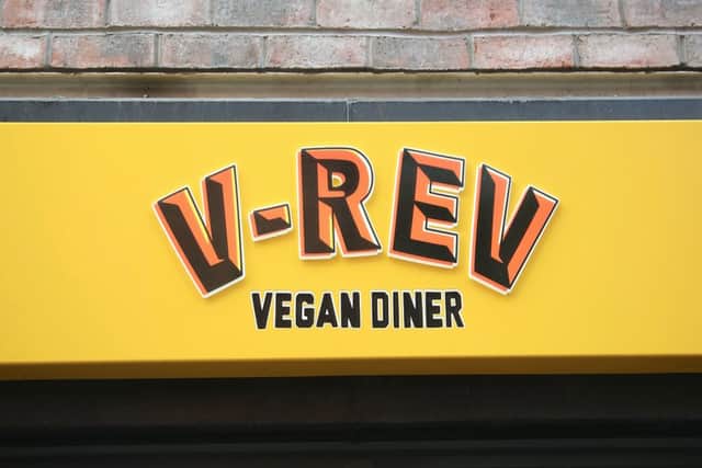Sign outside V-Rev Vegan Diner in Manchester
