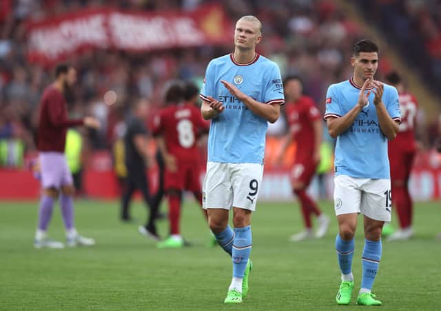 Haaland struggled to get involved in the build-up play on his City debut. Credit: Getty.