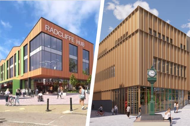 The new design (right) has been pulled by Bury Council. The image on the left shows a previous representation of the Radcliffe Hub design Credit: via LDRS