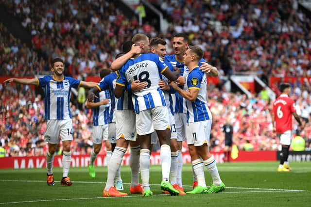 Pascal Gross scored twice in the first half at Old Trafford. Credit: Getty.