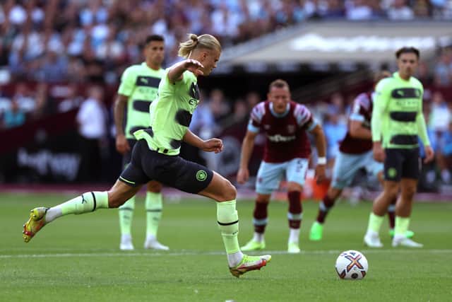 Haaland responded emphatically after a disappointing display in the Community Shield last weekend. Credit: Getty.