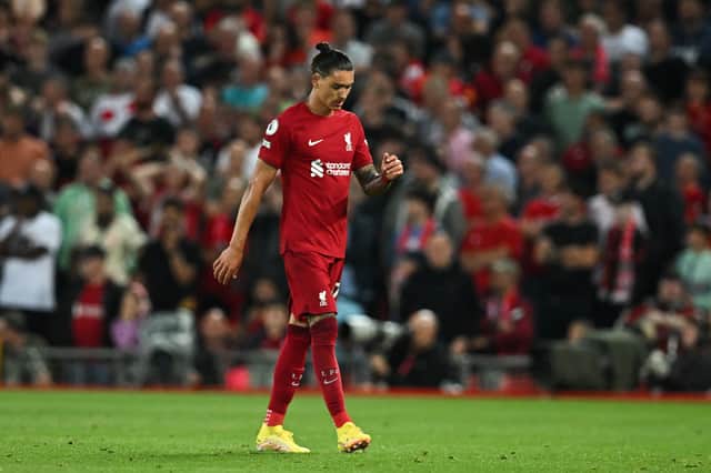 Nunez was shown a straight red card on his Anfield debut. credit: Getty.