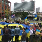Manchester’s Ukrainian community protest Russia’s invasion on Ukraine in Piccadilly Gardens, pictured previously. Credit: Sofia Fedeczko