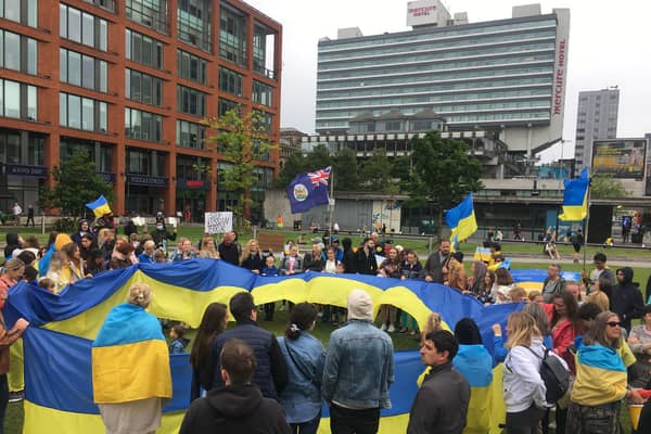 Manchester’s Ukrainian community protest Russia’s invasion on Ukraine in Piccadilly Gardens, pictured previously. Credit: Sofia Fedeczko