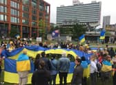 Manchester’s Ukrainian community protest Russia’s invasion on Ukraine in Piccadilly Gardens, pictured previously. Credit: Sofia Fedeczko