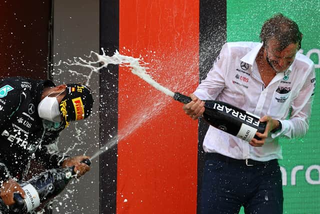 Sir Jim Ratcliffe celebrates with Sir Lewis Hamilton after the Brit won the 2021 Spanish GP