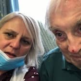 Catherine Larkin and her father Tom O’Brien reunited at his care home shortly after coronavirus restrictions were lifted. Credit: Catherine Larkin