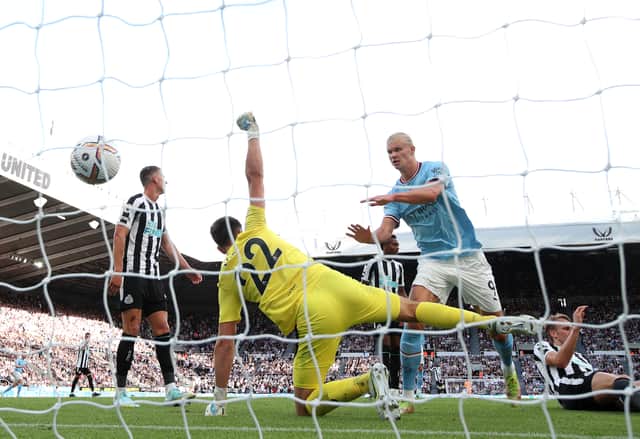 Pep Guardiola explained the difference in Erling Haaland’s displays against Bournemouth and Newcastle. Credit: Getty.