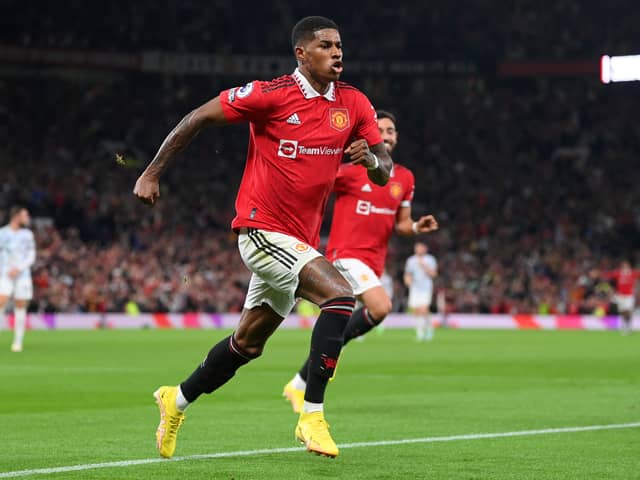 Marcus Rashford celebrates after scoring their second goal against Liverpool (Photo by Michael Regan/Getty Images)