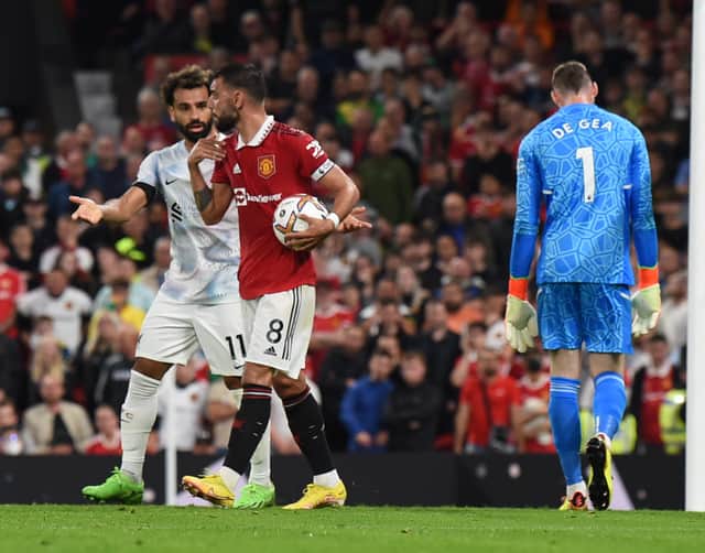 Bruno Fernandes also argued with Mohamed Salah at Old Trafford. Credit: Getty.
