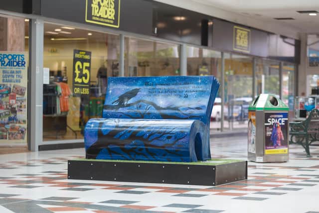 One of the Salford Literacy Trail’s Book Benches at Salford Shopping Centre. Credit: David Oates