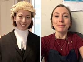 Rosalind Burgin working as a barrister and in her previous job as a barista. Photo: Rosalind Burgin/SWNS