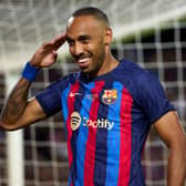Pierre-Emerick Aubameyang of FC Barcelona celebrates after scoring his team’s fifth goal . (Photo by Alex Caparros/Getty Images)