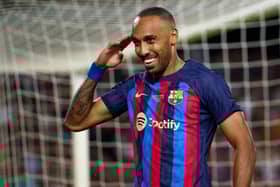 Pierre-Emerick Aubameyang of FC Barcelona celebrates after scoring his team’s fifth goal . (Photo by Alex Caparros/Getty Images)