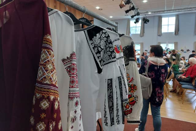A stall selling Ukrainian embroidered blouses, known as “vyshyvanky,” during the Independence Day celebrations in Manchester. Credit: Sofia Fedeczko/Manchester World 