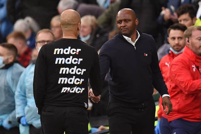 Pep Guardiola will face former Manchester City midfielder Patrick Vieira this weekend. Credit: Getty.
