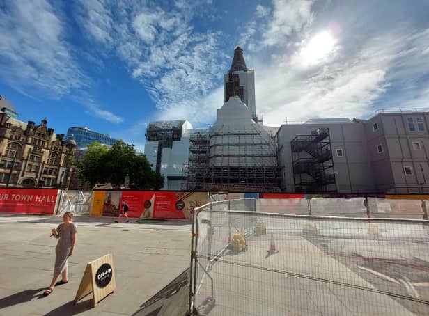 <p>The Town Hall and renovation project headquarters on Albert Square. Credit: Sofia Fedeczko/Manchester World</p>