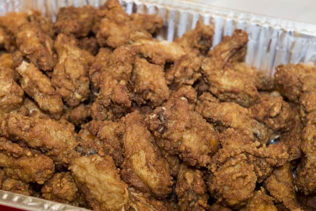 Chicken wings are seen before a chicken wing eating contest, on National Chicken Wing Day