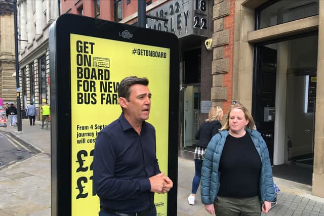 Greater Manchester mayor Andy Burnham launches the Get On Board campaign with Oldham council leader Amanda Chadderton. Credit: LDRS