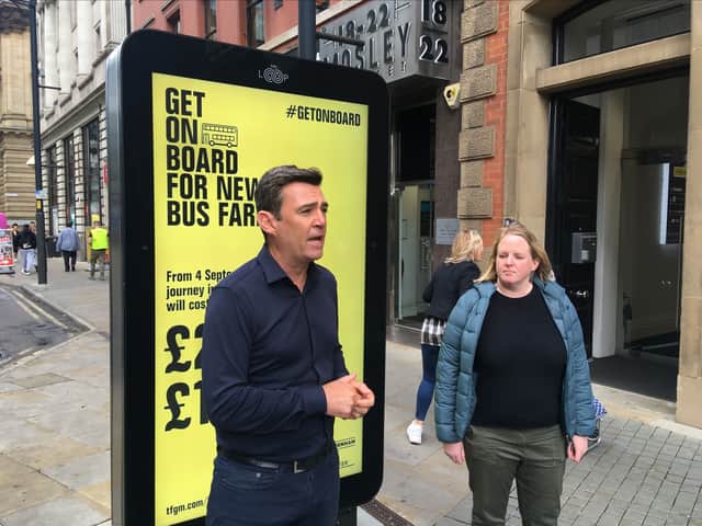 Greater Manchester mayor Andy Burnham launches the Get On Board campaign with Oldham council leader Amanda Chadderton. Credit: LDRS