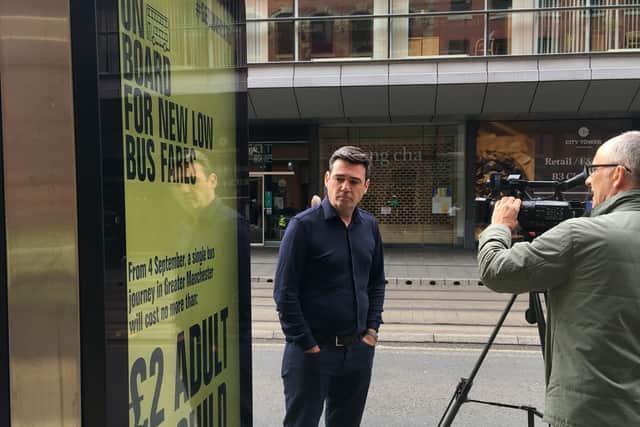 Greater Manchester mayor Andy Burnham launching the Get On Board campaign to promote the new fares. Credit: LDRS