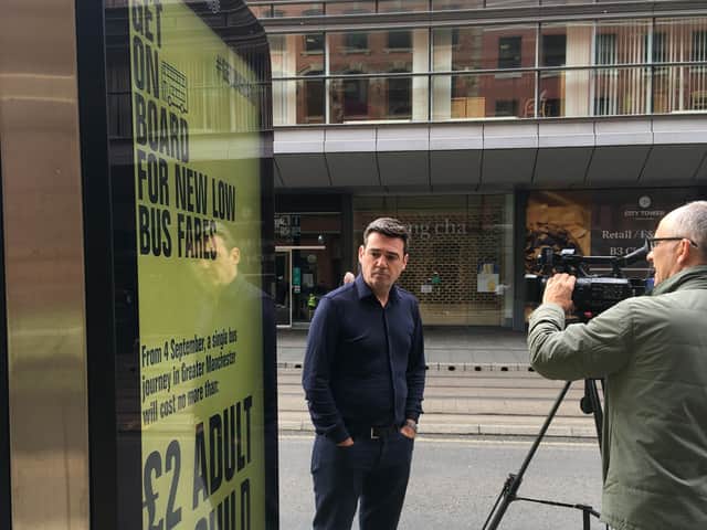 Greater Manchester mayor Andy Burnham launching the Get On Board campaign to promote the new fares. Credit: LDRS
