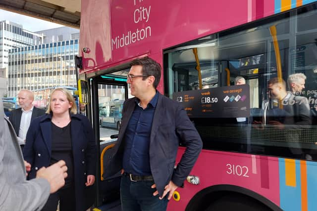 Mayor Andy Burnham arrived into Shudehill Interchange this morning to welcome the introduction of the new price cap on bus fares. Credit: Sofia Fedeczko/Manchester World