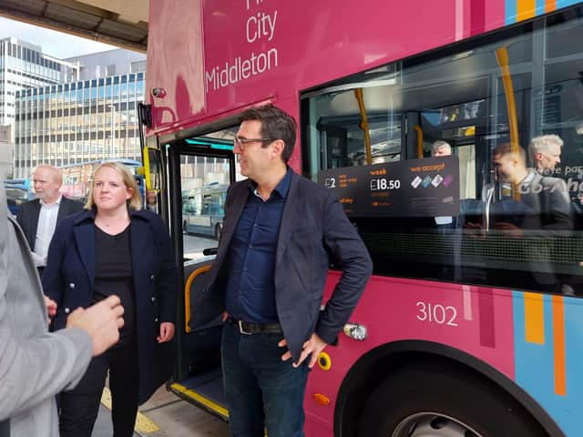 Mayor Andy Burnham arrived into Shudehill Interchange this morning to welcome the introduction of the new price cap on bus fares. Credit: Sofia Fedeczko/Manchester World