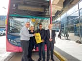 Chief executive of OneBus Gary Nolan, Coun Amanda Chadderton, Mayor Andy Burnham and Transport Commissioner Vernon Everitt promoting the new bus fare price cap under the slogan #GetOnBoard at Shudehill Interchange. Credit: Sofia Fedeczko/Manchester World