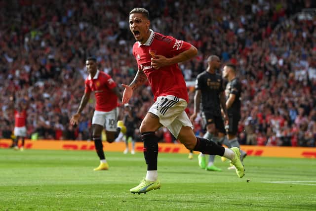 Antony scored his and United’s first goal in their 3-1 win over Arsenal on Sunday. Credit: Getty.