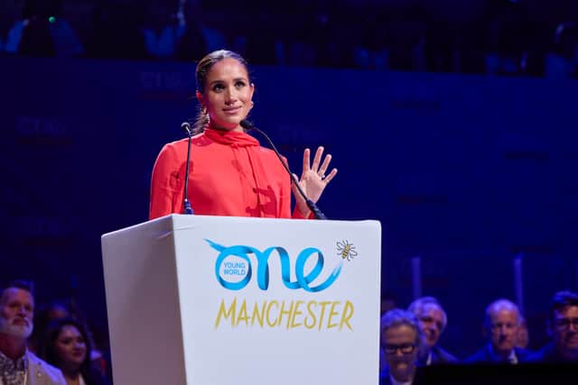 The Duchess of Sussex addresses The Bridgewater Hall in Manchester. Photo: One Young World