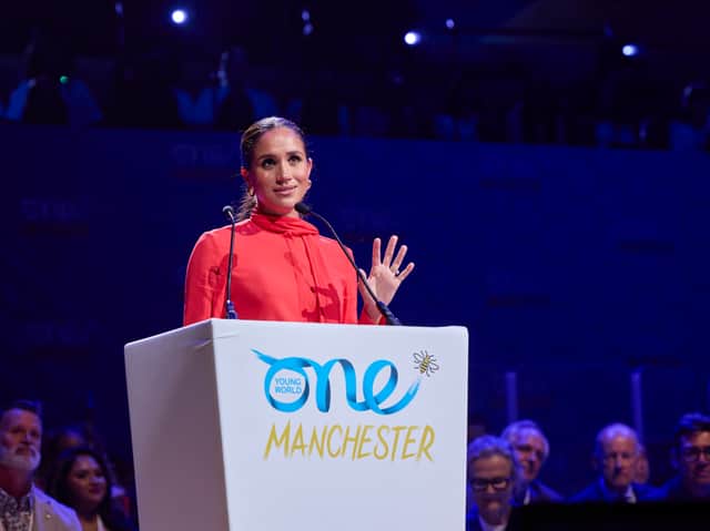The Duchess of Sussex addresses The Bridgewater Hall in Manchester. Photo: One Young World