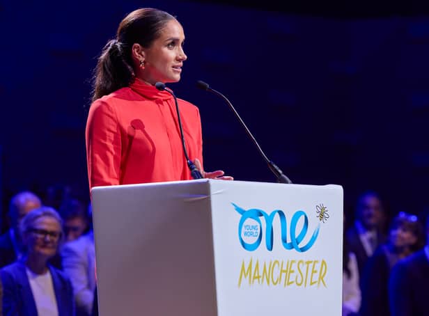 <p>Meghan Markle, the Duchess of Sussex, speaking at the opening ceremony of the One Young World summit in Manchester. Photo: One Young World</p>
