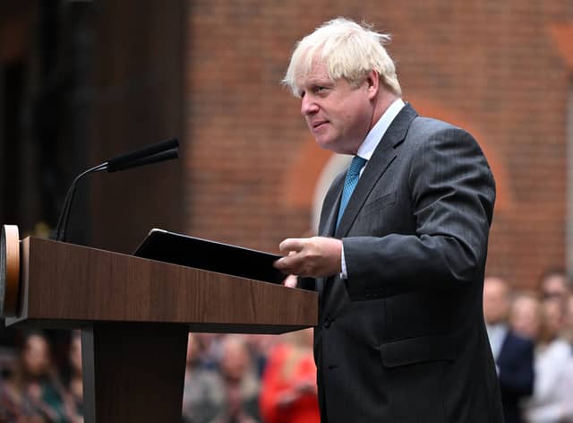 British Prime Minister Boris Johnson delivers a farewell address before his official resignation at Downing Street