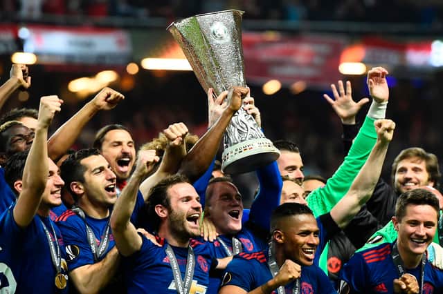 Manchester United celebrate after beating Ajax 2-0 to win the Europa League under Jose Mourinho in 2017