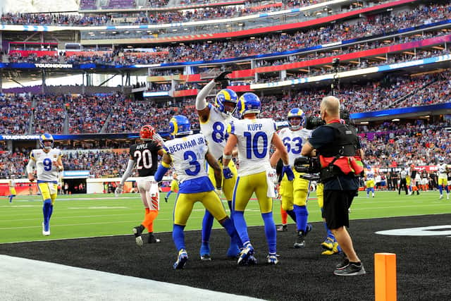 Cooper Kupp #10 of the Los Angeles Rams celebrates after scoring a touchdown against the Cincinnati Bengals during Super Bowl LVI at SoFi Stadium
