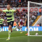 Erling Haaland scored a record nine Premier League goals in August for Manchester City. Credit: Getty.