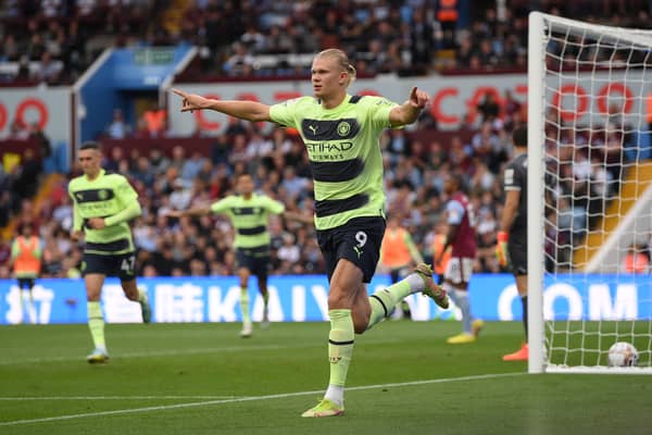 Erling Haaland scored a record nine Premier League goals in August for Manchester City. Credit: Getty.