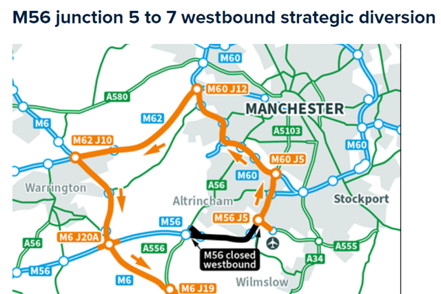M56 closures and diversions west and eastbound are shown on this map
