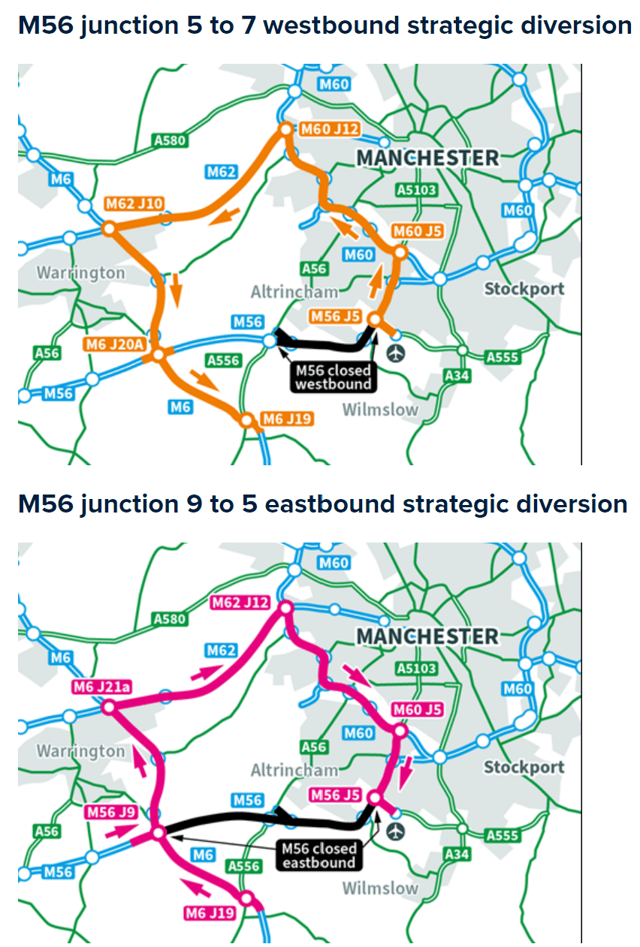 M56 closures and diversions west and eastbound are shown on this map