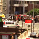 Emergency vehicles in Manchester’s City centre after the IRA bomb explosion in 1996