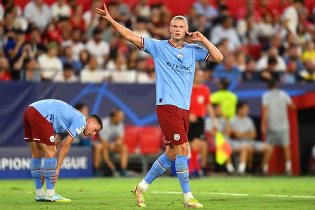 Haaland scored two last week as City beat Sevilla. Credit: Getty.