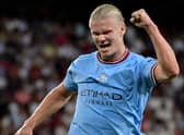 Erling Haaland celebrates scoring for Man City. Picture: CRISTINA QUICLER/AFP via Getty Images