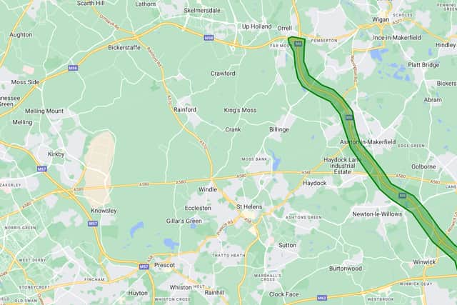 A map showing the stretch of the M6 near Wigan which will have overnight closures