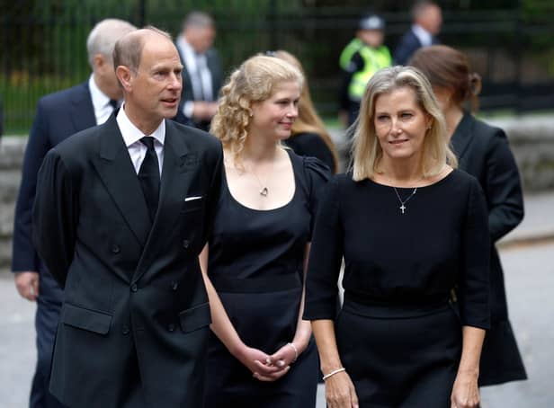 <p> Prince Edward, Earl of Wessex, with Sophie Countess of Wessex, and Lady Louise Windsor Credit: Getty</p>